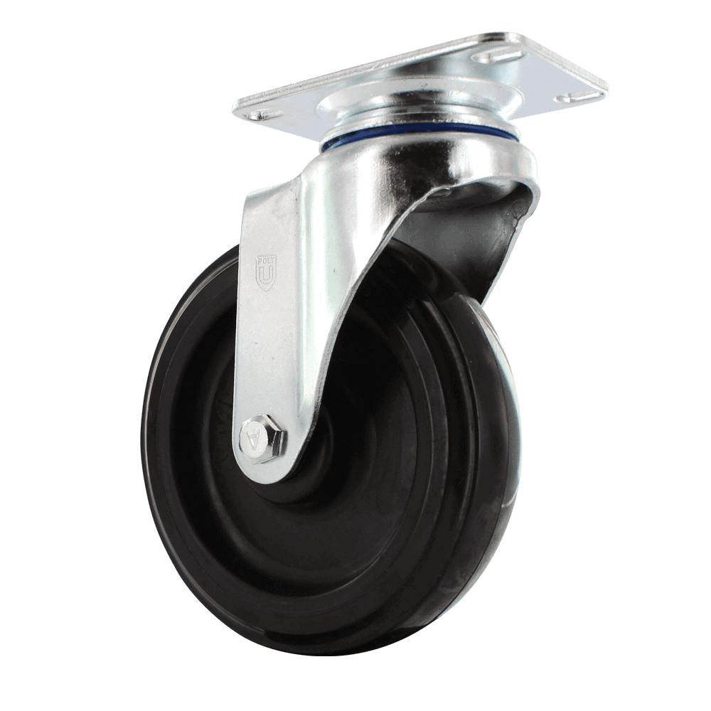 Quality industrial caster wheel with durable rubber tire and metal mounting plate.