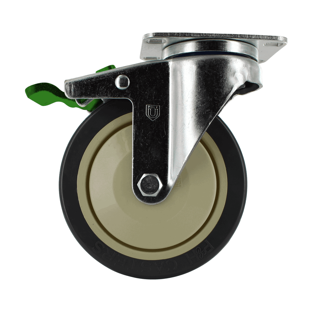 Industrial caster wheel with durable rubber tire and metal mounting plate.
