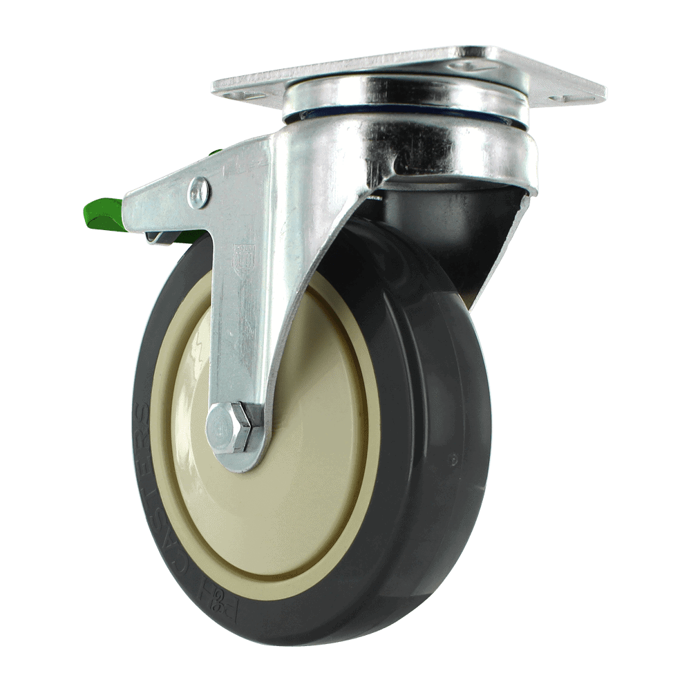 Industrial caster wheel with durable rubber tire and metal mounting plate.