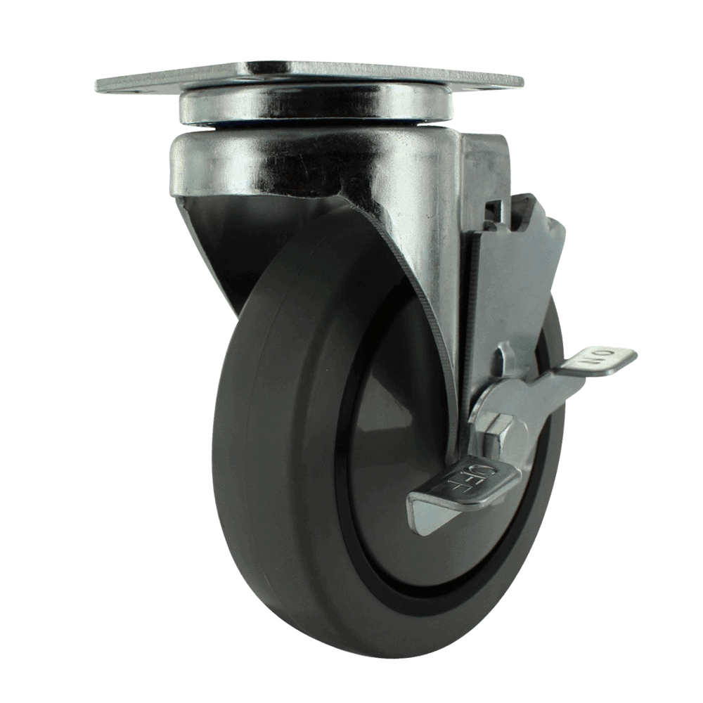 Durable black caster wheel with metal mounting plate for industrial applications.