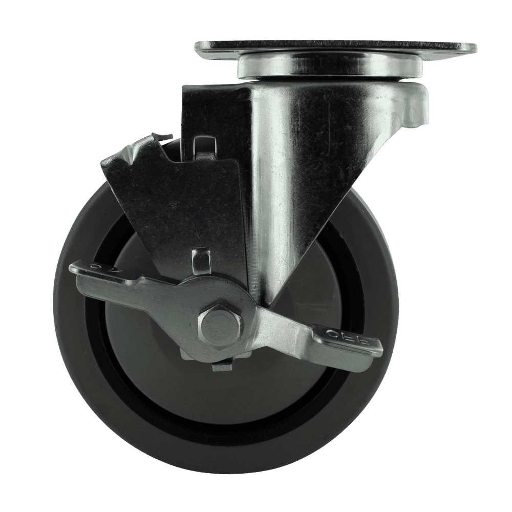 Quality black caster wheel with brake for heavy-duty applications.