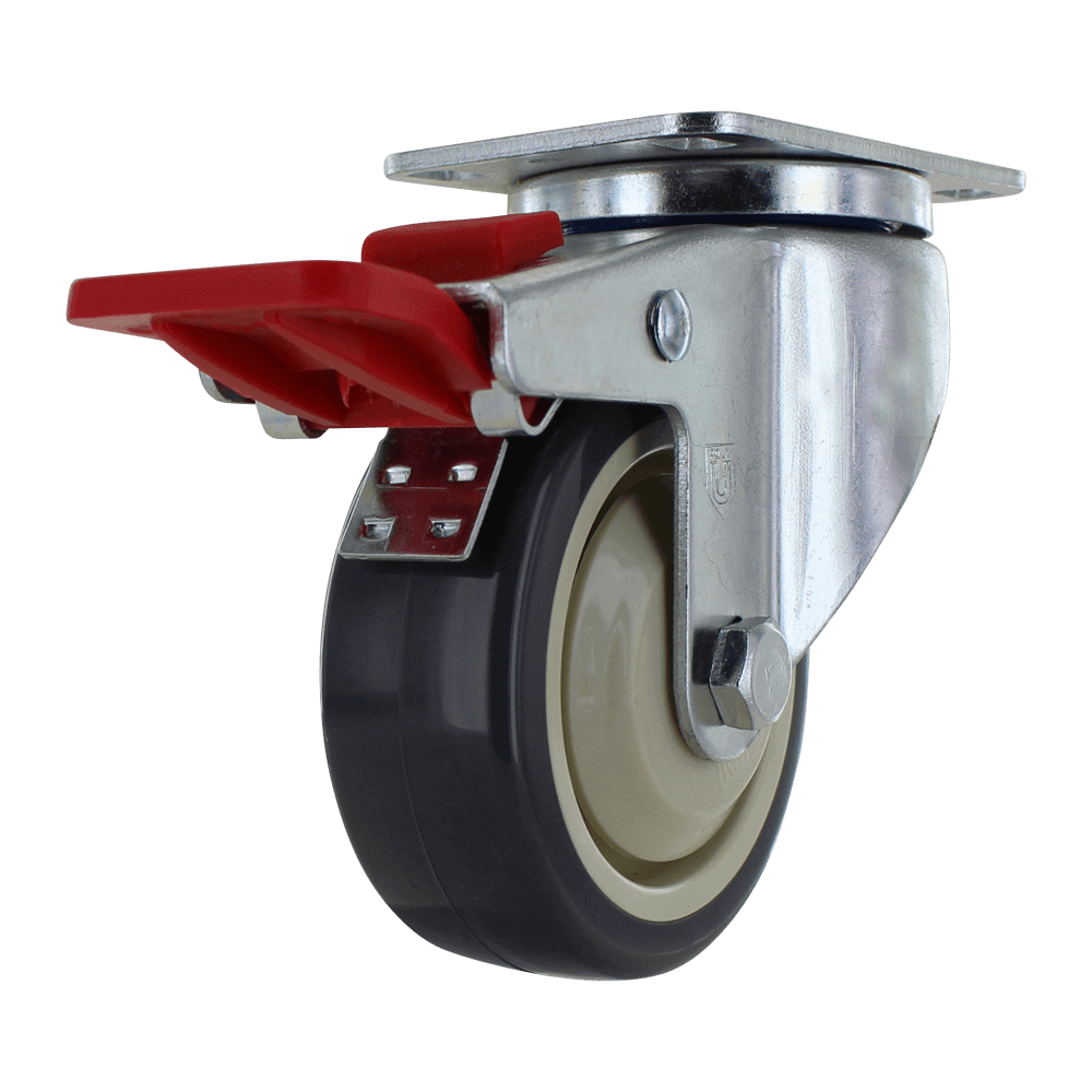 Industrial caster wheel with durable rubber tire and metal mounting plate for heavy loads.