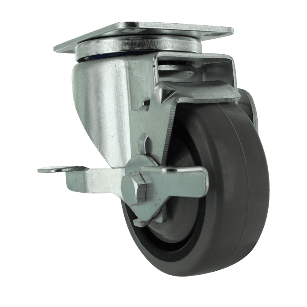 Industrial caster wheel with durable metal frame and rubber tire for heavy loads.