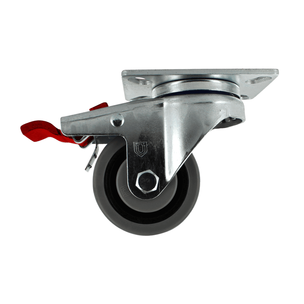 Industrial caster wheel with brake for heavy equipment.