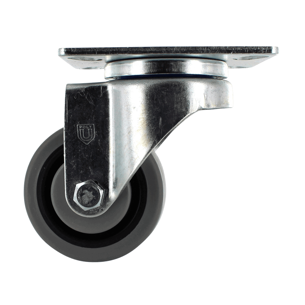 Heavy-duty caster wheel with metal frame and rubber tire for industrial use.