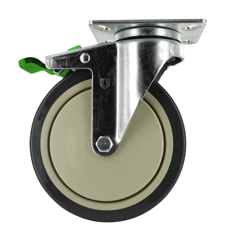 Industrial caster wheel with durable rubber tire and metal mounting plate for heavy loads.