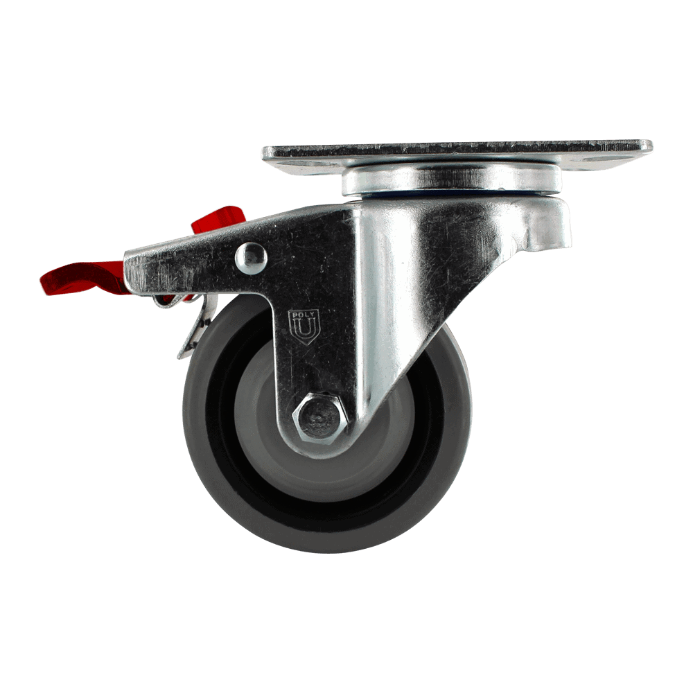 Industrial caster wheel with locking mechanism for heavy equipment.