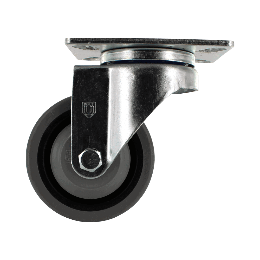 Industrial caster wheel with durable metal frame and rubber tire for heavy loads.