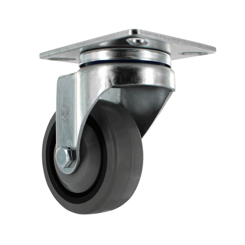 Industrial caster wheel with metal mounting plate and durable rubber tire.