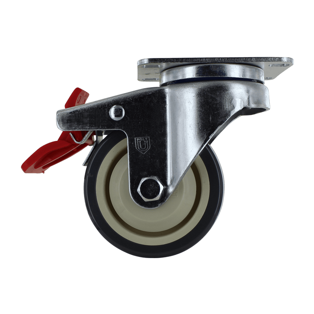 Industrial caster wheel with durable metal frame and rubber tire for smooth movement.