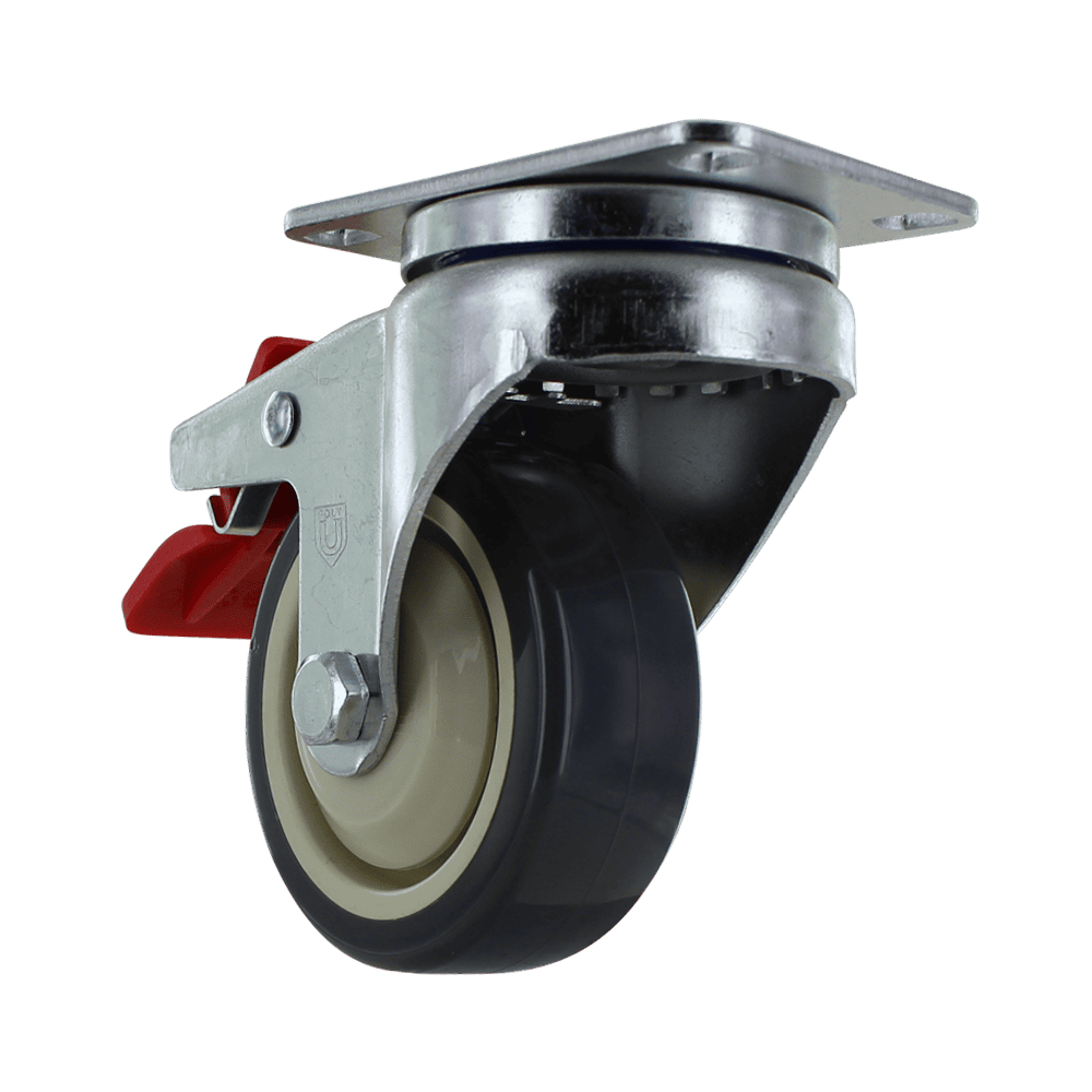 Durable industrial caster wheel with metal mounting plate and rubber tire for heavy loads.