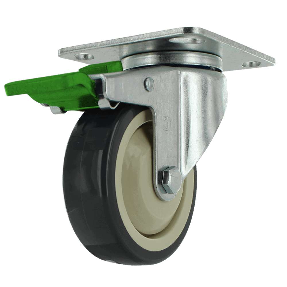 Industrial caster wheel with durable rubber tire and metal mounting plate for heavy loads.