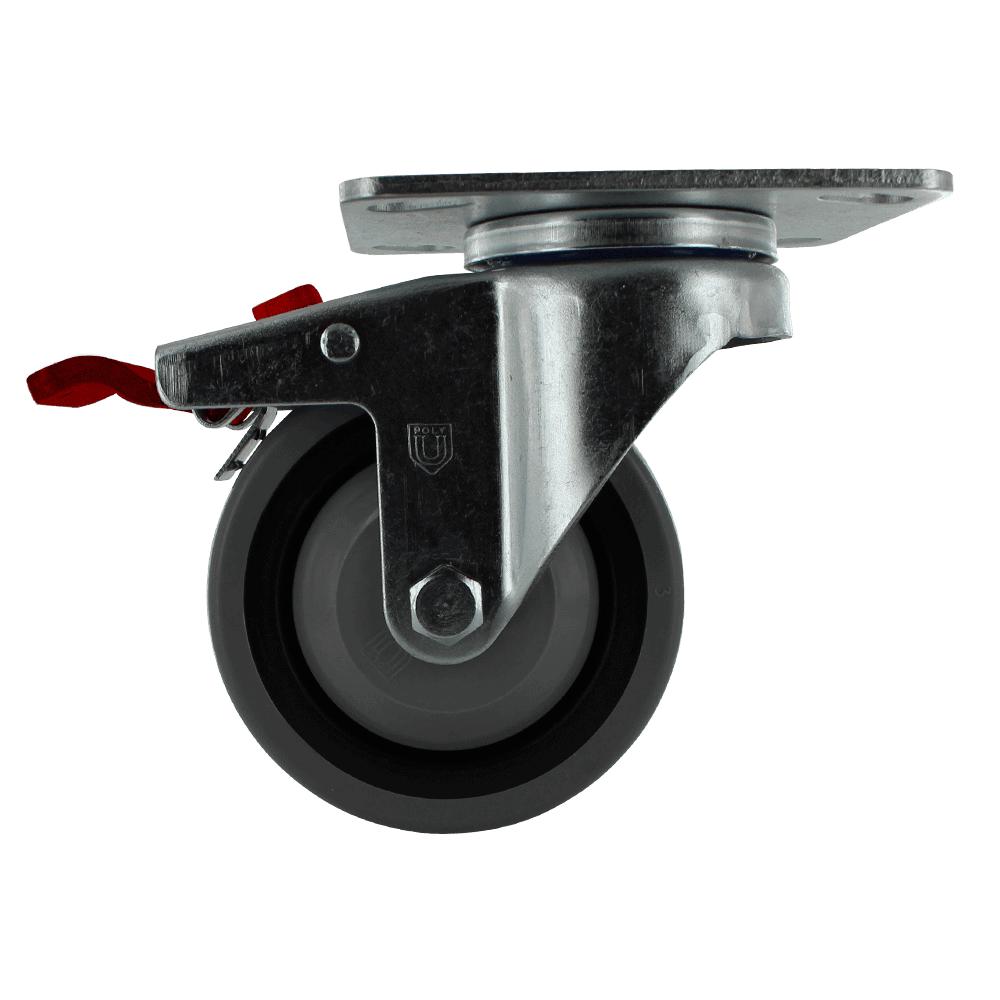 Industrial caster wheel with locking mechanism for heavy loads.