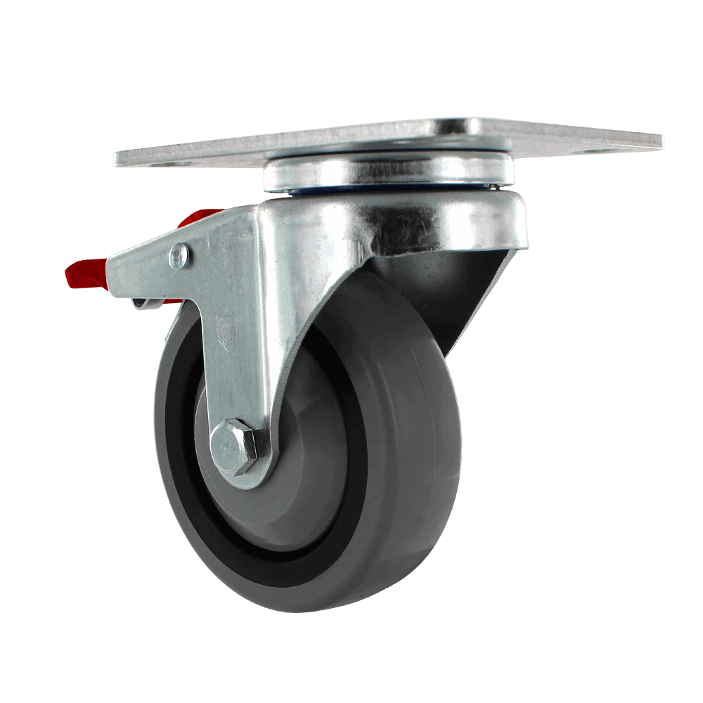 Industrial caster wheel with metal mounting plate and rubber tire.
