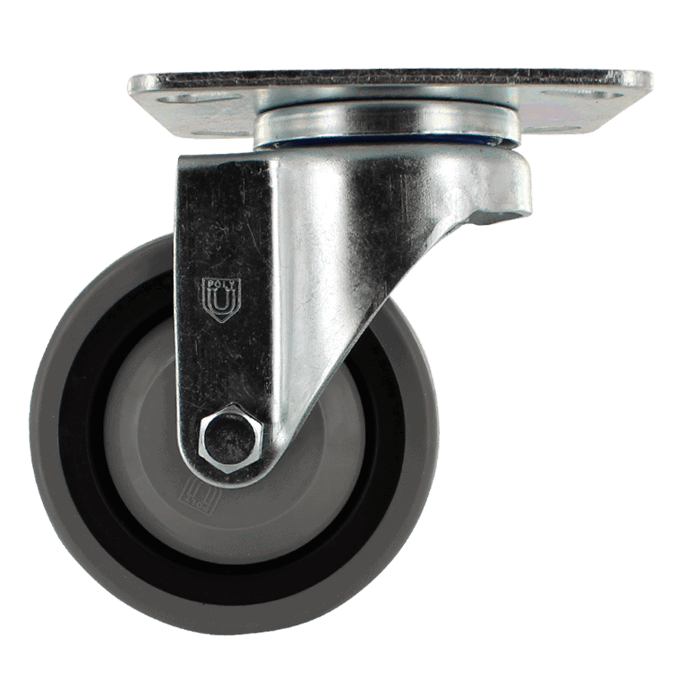 Industrial caster wheel with durable rubber tire and metal mounting plate.