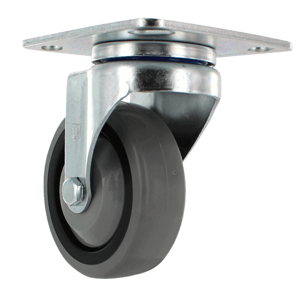 Industrial caster wheel with durable rubber tire and metal mounting plate.