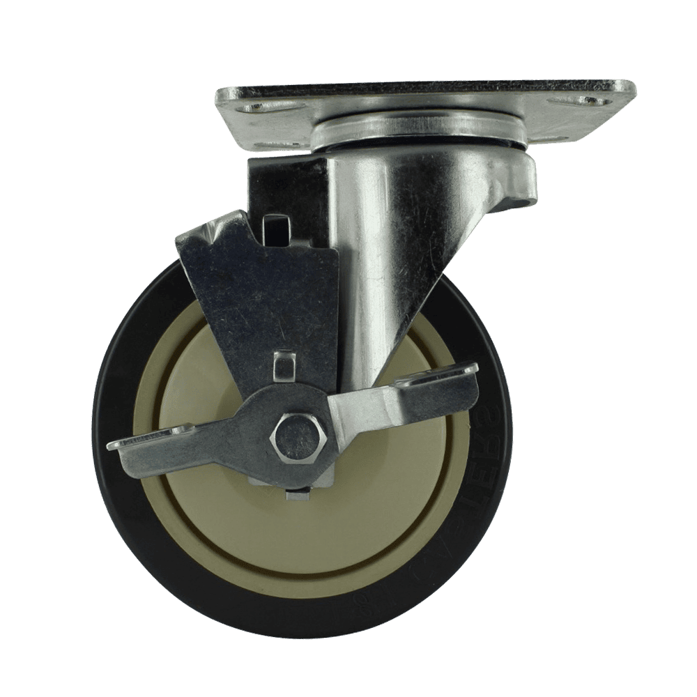 Industrial wheel caster with metal mounting plate and beige rubber wheel for heavy-duty use.