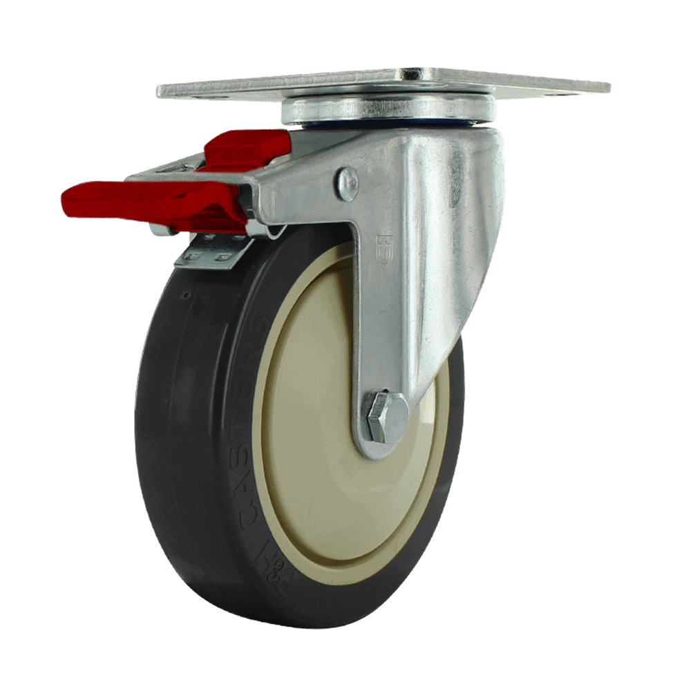 Industrial caster wheel with locking mechanism for heavy loads.