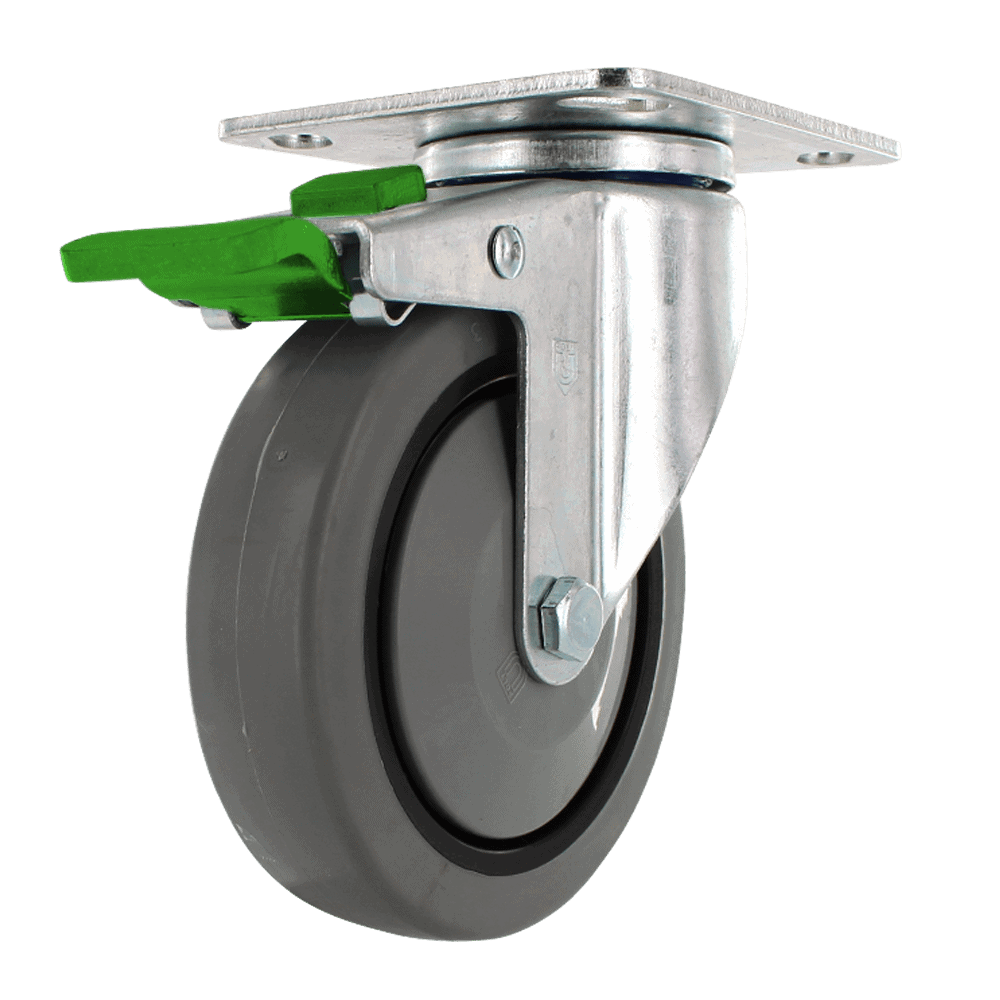 Industrial caster wheel with locking brake for heavy-duty applications.