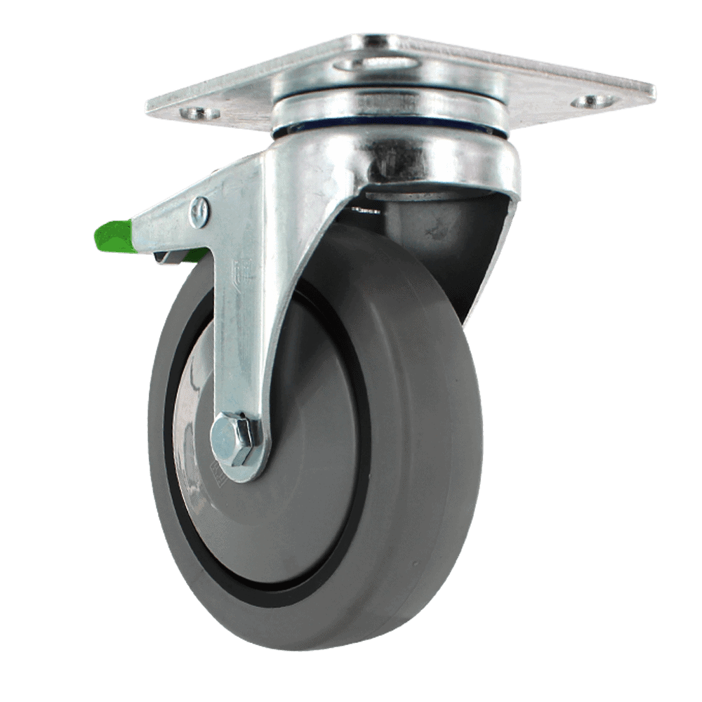 Industrial caster wheel with durable rubber tire and metal mounting plate.