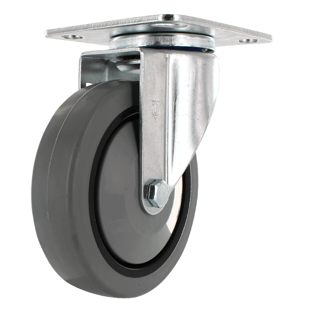 Industrial caster wheel with durable rubber tire and metal mounting plate.