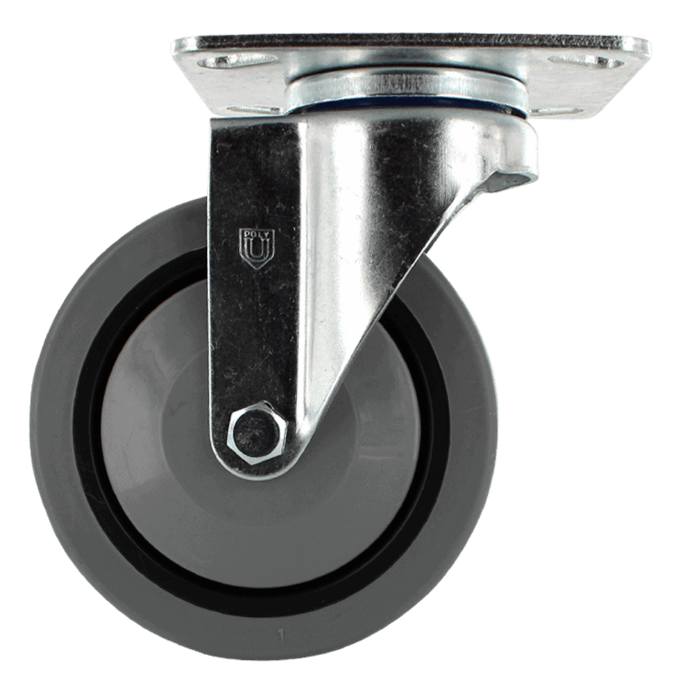 Industrial caster wheel with durable rubber tire and metal mounting plate.