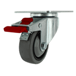 Industrial caster wheel with red locking mechanism for heavy loads.
