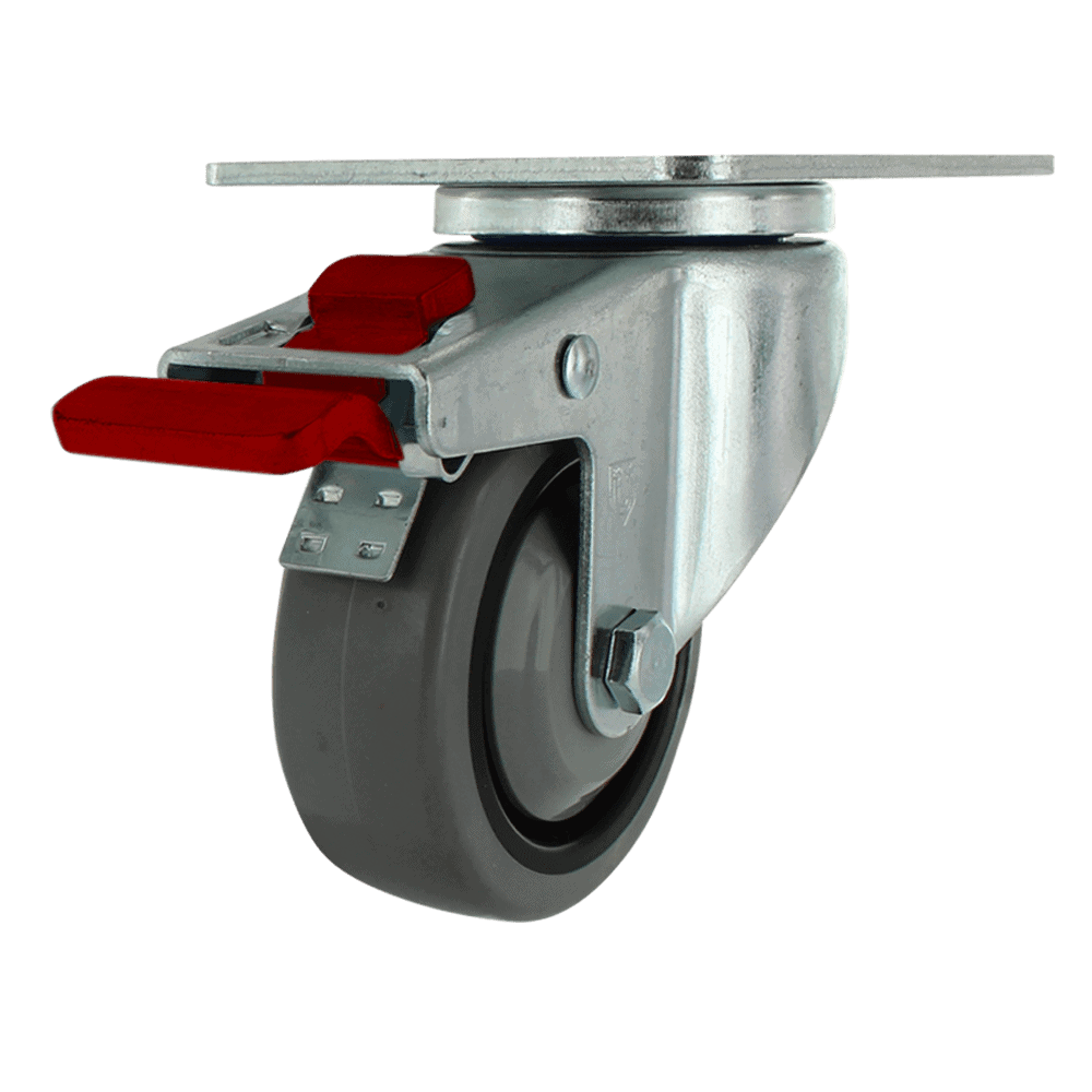 Industrial caster wheel with red locking mechanism for heavy loads.
