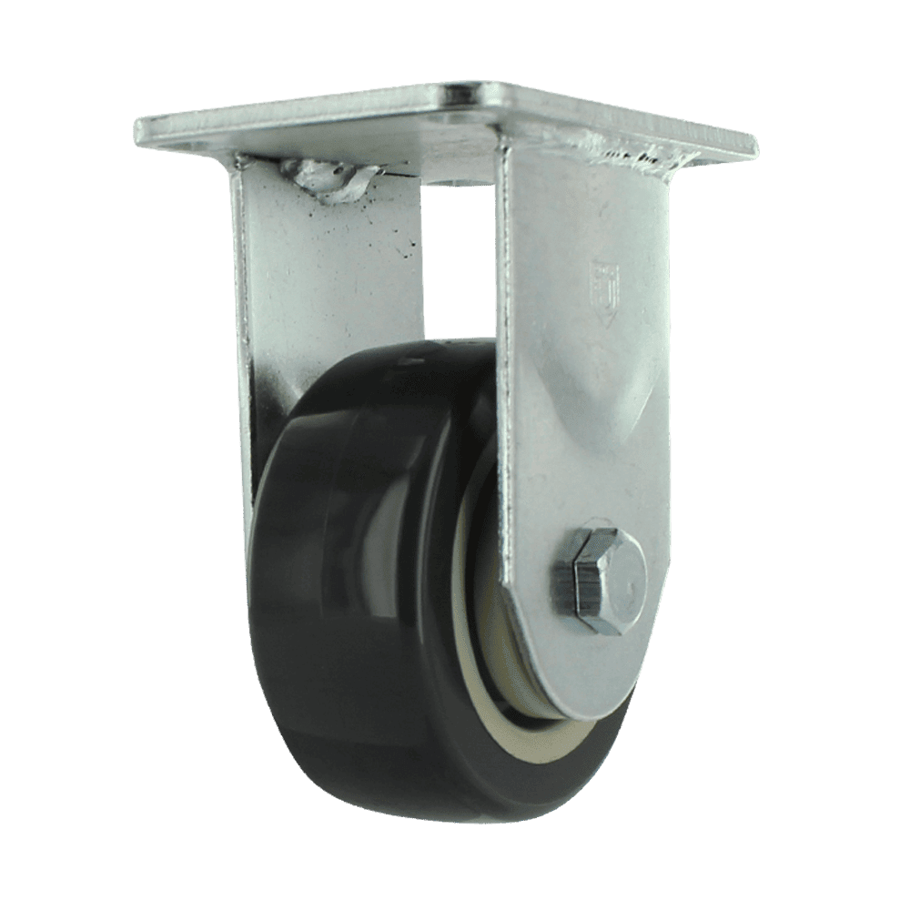 Heavy duty caster wheel with metal mounting plate and durable black wheel for industrial application.