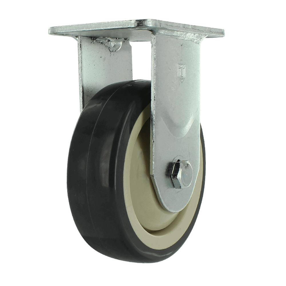 Heavy duty industrial caster wheel with metal mounting plate and durable rubber tire.