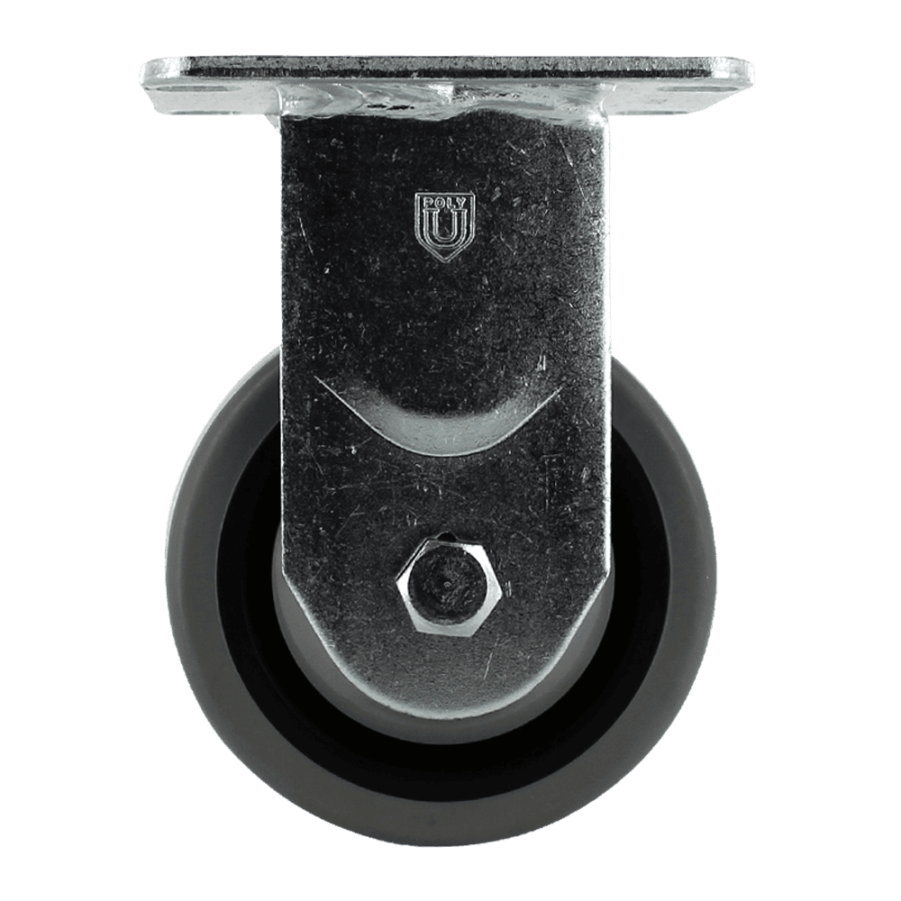 Quality industrial caster wheel with durable rubber tire and metal mounting plate for heavy loads.