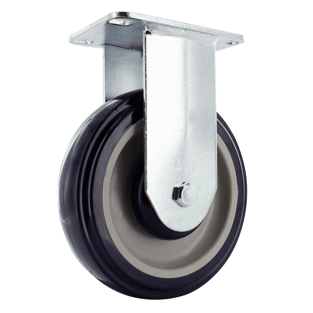 Industrial caster wheel with durable rubber tire and metal mounting plate.