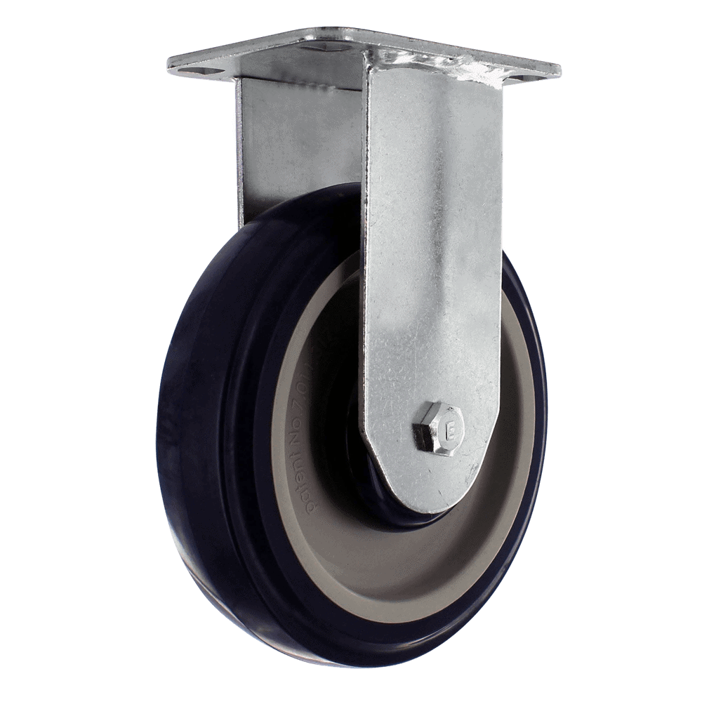 Heavy duty caster wheel with metal mounting plate and durable rubber tire for industrial application.