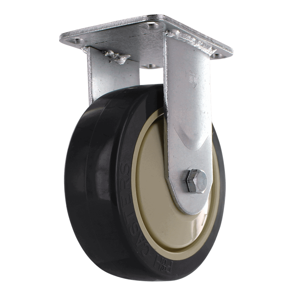 Industrial caster wheel with metal mounting plate and durable rubber tire.