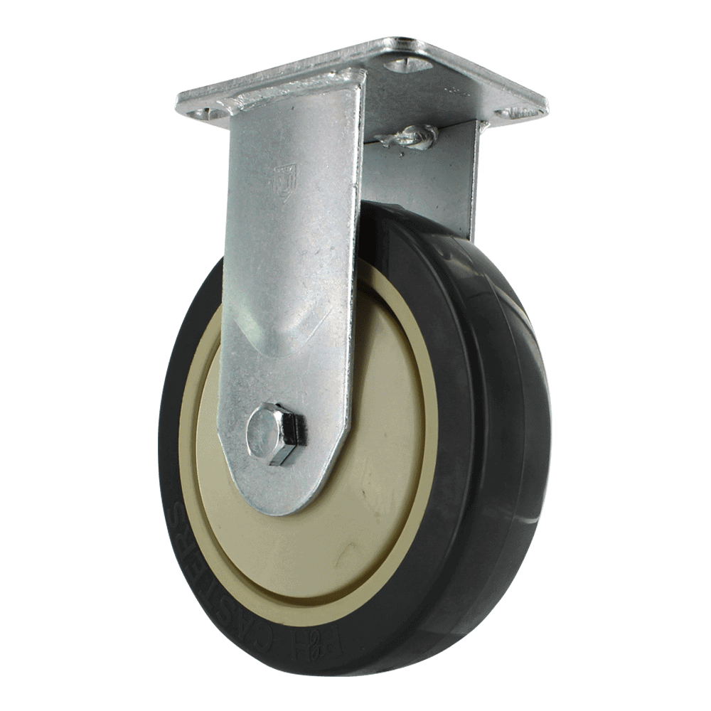 Industrial caster wheel with durable rubber tire and metal mounting plate.