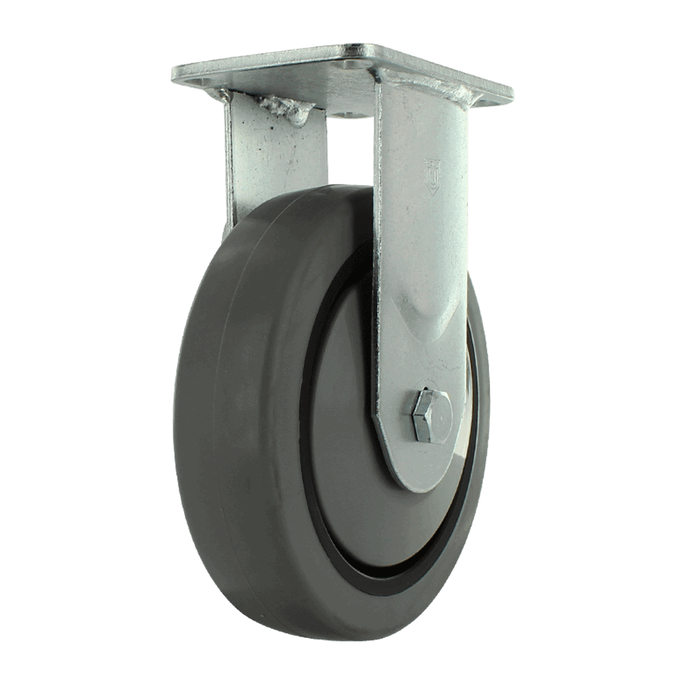 Industrial caster wheel with durable rubber tire and metal mounting plate.