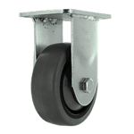 Industrial caster wheel with metal mounting plate and durable rubber tire.