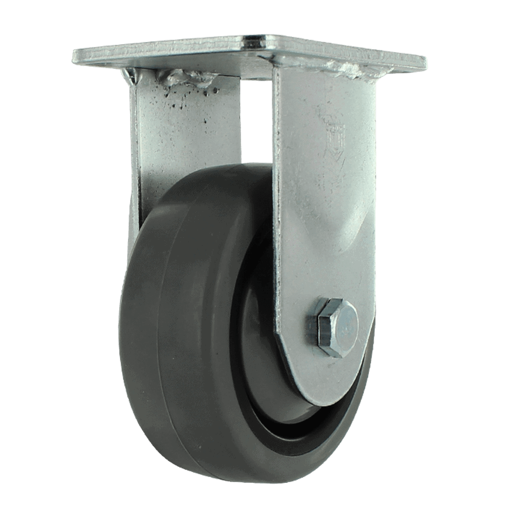 Industrial caster wheel with metal mounting plate and durable rubber tire.