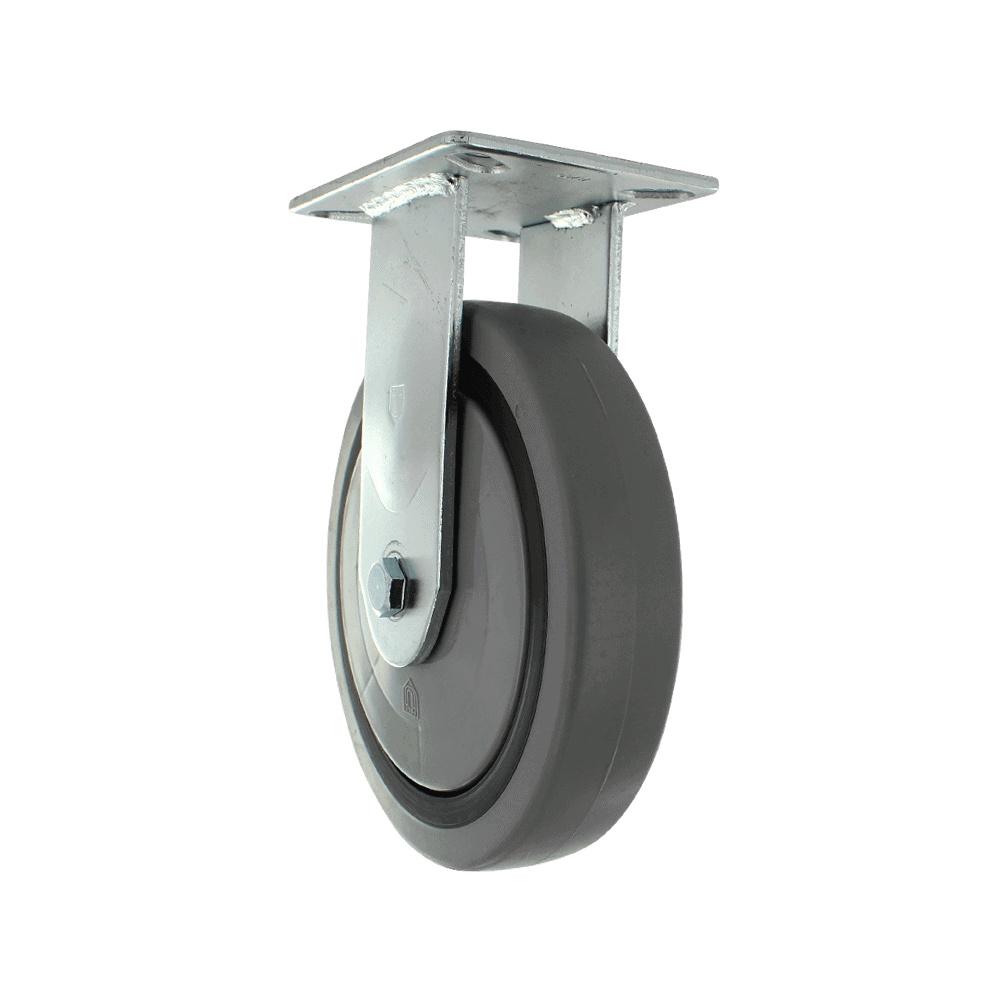 Industrial caster wheel with durable rubber tire and metal mounting plate.
