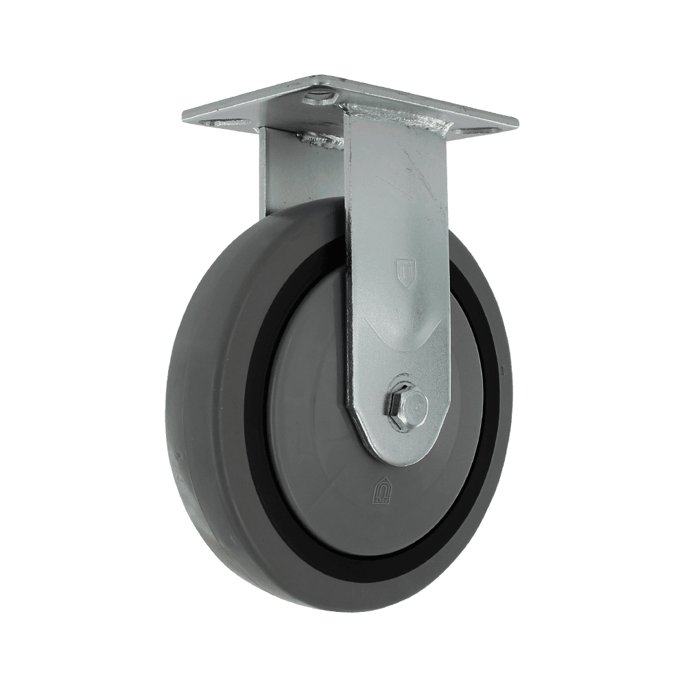 Industrial caster wheel with durable rubber tire and metal mounting plate.