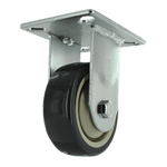 Industrial caster wheel with metal mounting plate and durable rubber tire.