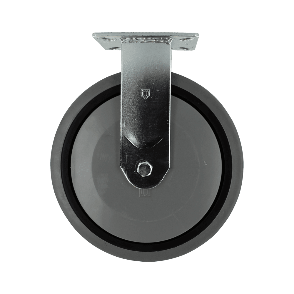 Industrial caster wheel with metal mounting plate and durable rubber tire.