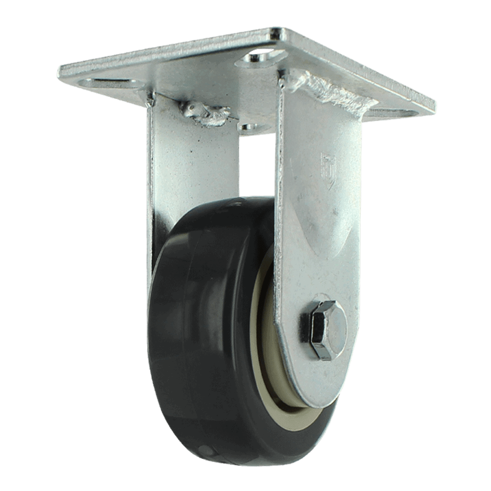 Heavy duty caster wheel with metal mounting plate and durable rubber wheel for industrial equipment.