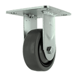 Industrial caster wheel with metal mounting plate and durable rubber tire for heavy loads.