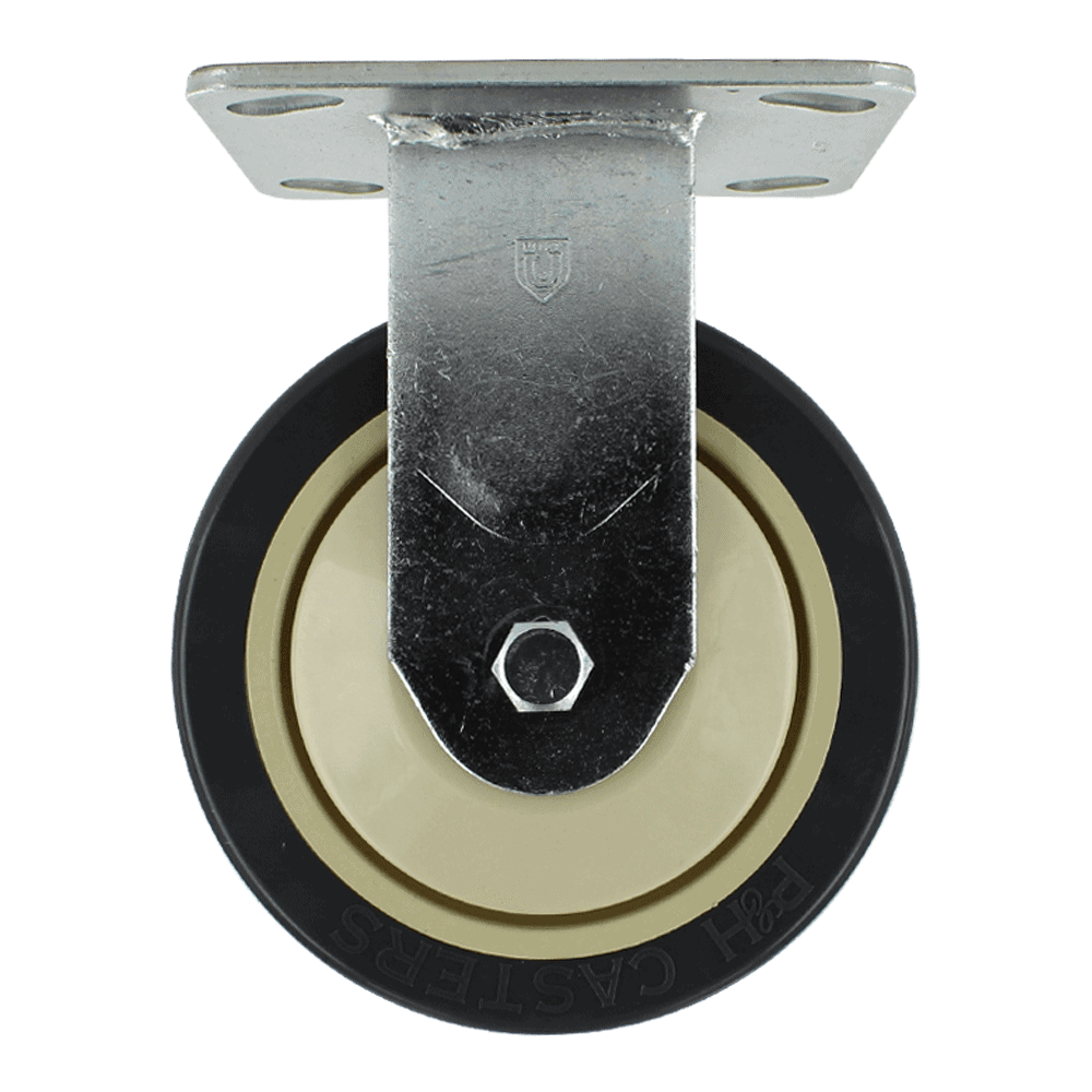 Industrial caster wheel with metal mounting plate and durable rubber tire.