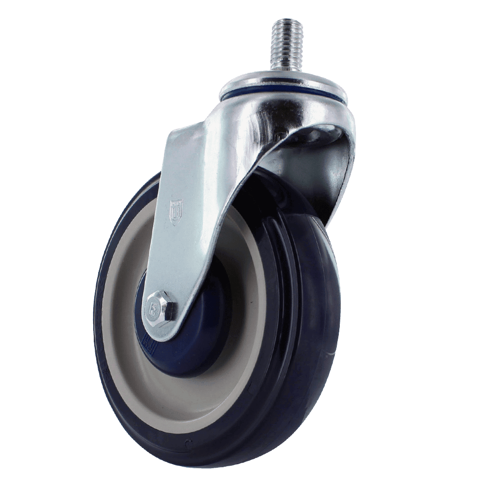 Heavy duty caster wheel with durable rubber tire and metal mounting plate for industrial application.