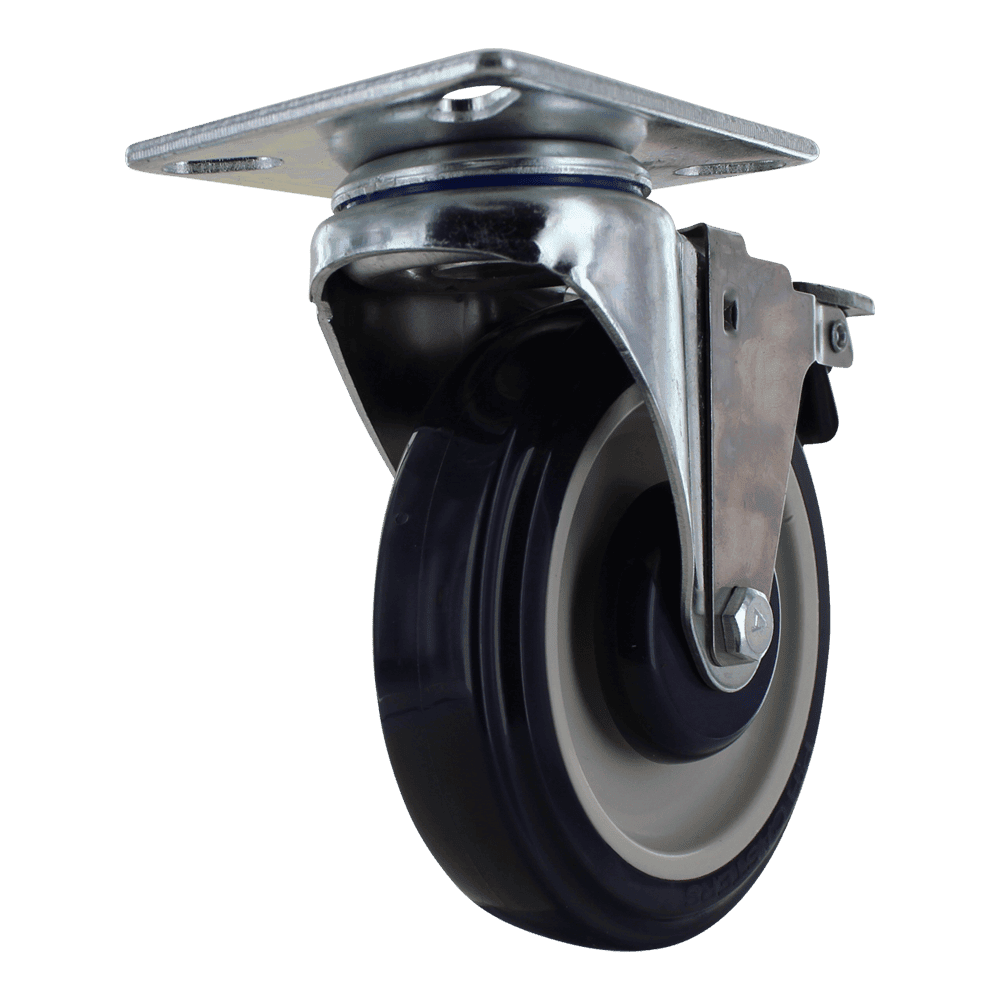 Industrial caster wheel with durable rubber tire and metal mounting plate.