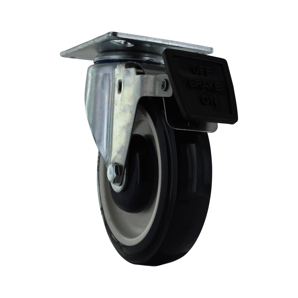 Caster wheel with brake for industrial machinery and furniture.