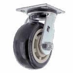 Industrial caster wheel with durable rubber tire and metal mounting plate for heavy loads.