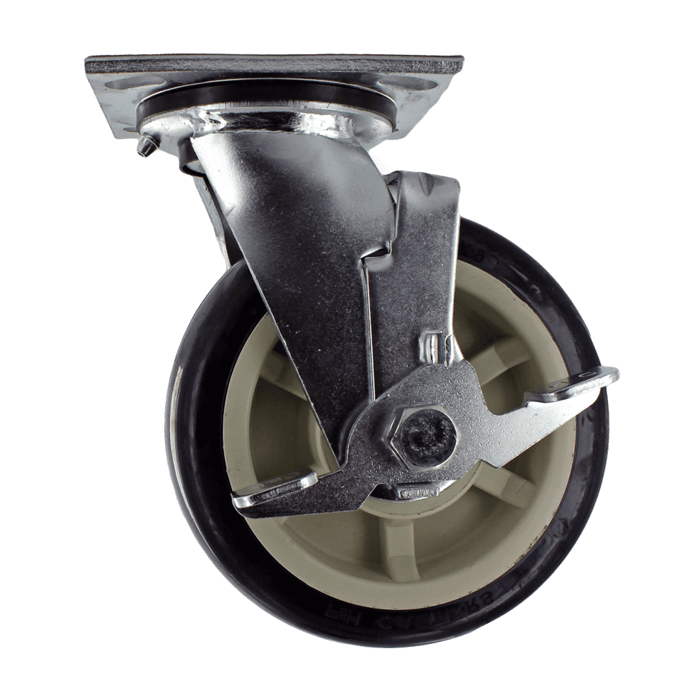 Industrial caster wheel with durable rubber tire and metal mounting plate.
